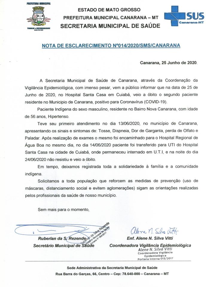 Nota de Esclarecimento informa sobre o segundo óbito por Covid-19 de morador de Canarana