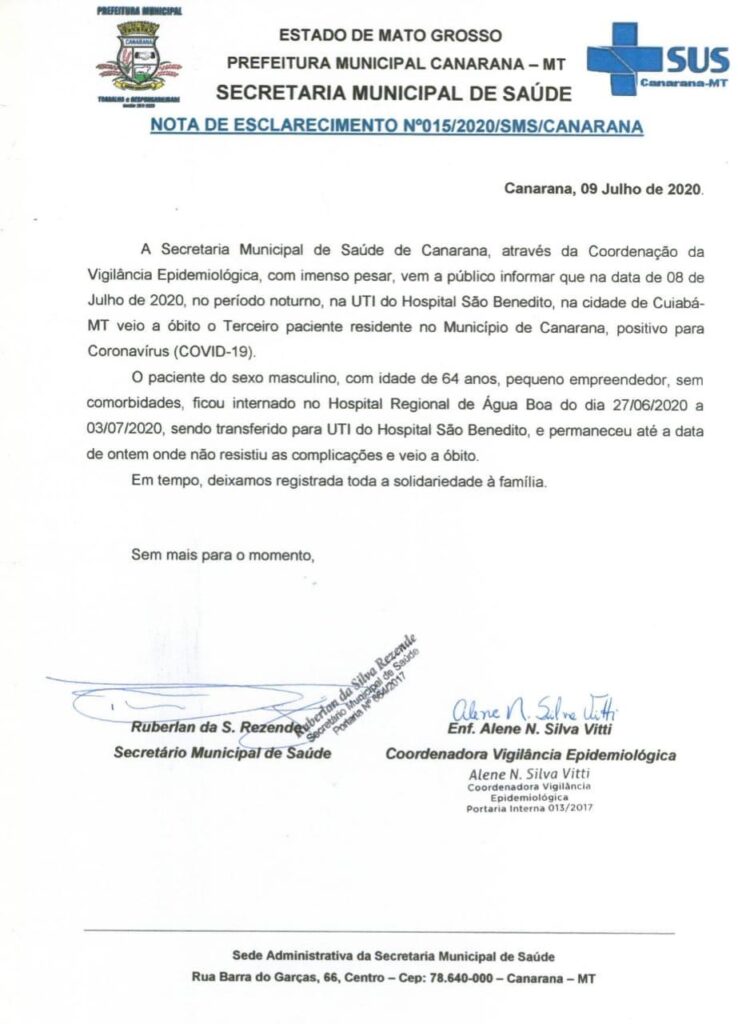 Canarana registra 3º óbito decorrente de Covid-19